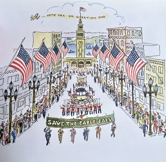 Image from a story called Maybelle the Cable Car; features a parade with attendees holding a sign that says Save the Cable Cars