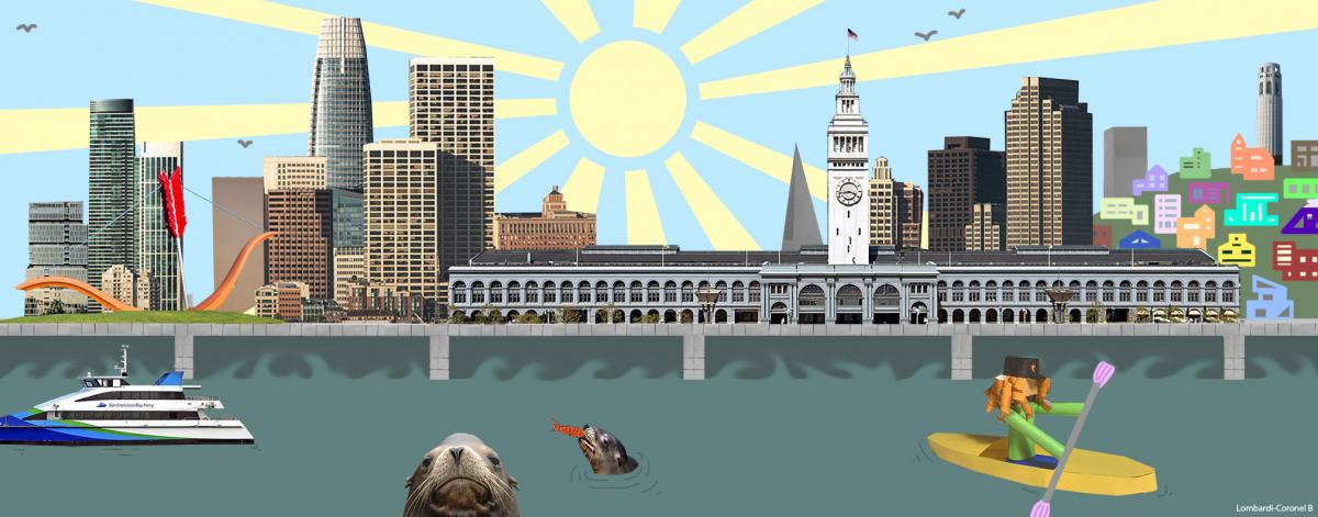 The San Francisco waterfront featuring the Ferry Building, Cupids Arrow, Coit Tower, a Bay ferryboat, two sea lions and a kayaker