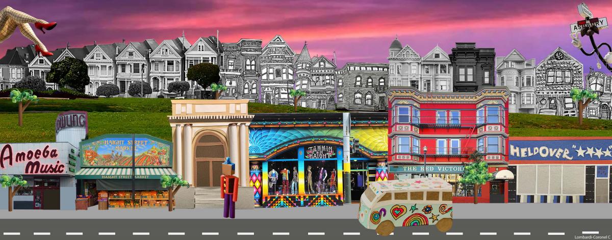 Featured Haight-Ashbury shops in the foreground and a montage of victorians in the background, including the famous ones across from Alamo Square Park as well as several in line art