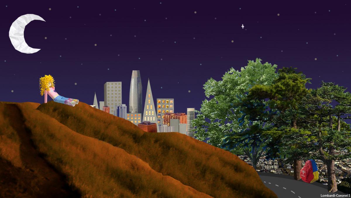 A paper-based person relaxes atop a hillside with a meandering tree-lined road below. A large crescent moon hangs above and the City skypine completes the backgound. 