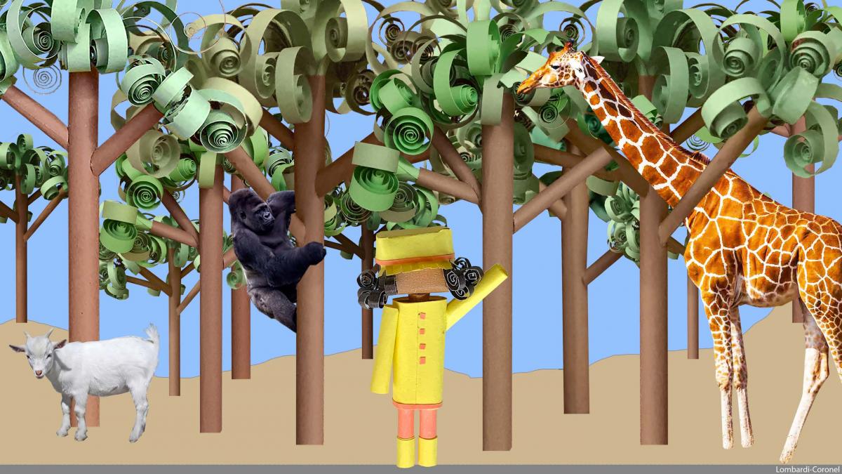 Collages of paper with the rolled tree foliage, cylinder tree trunks and branches, pictures of a goat, gorilla and giraffe and a girl waving made of rolled paper. The girl has on a yellow outfit complete with a hat