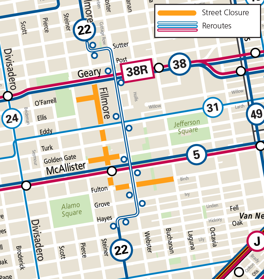Map showing the Muni reroute of the 22 Fillmore, plus street closures, for the Juneteenth Freedom Celebration in the Fillmore
