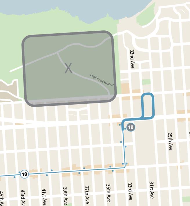 Map of 18 46th Ave. reroute during Legion of Honor closure from Nov. 15-17.