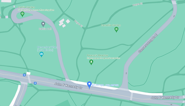 A map displaying the meetup location for the Adaptive Scooter Event. A pin is dropped at the meetup site on John F. Kennedy Drive in front of Peacock Meadow.