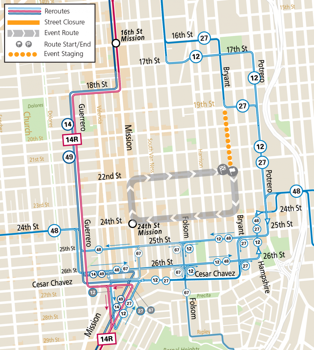 Map showing the Muni reroutes and parade route for the Dia de las Muertos Peocession