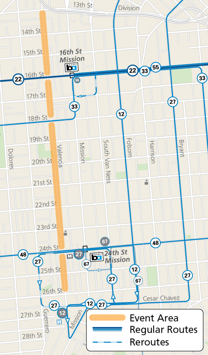 Muni Service Map showing reroutes during the Sunday Streets Mission District event