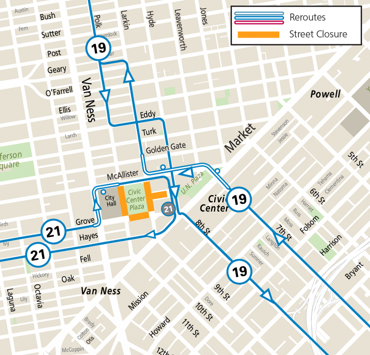 Map showing Muni reroutes in the area of City Hall & Civic Center for the Pride Festival Set-Up