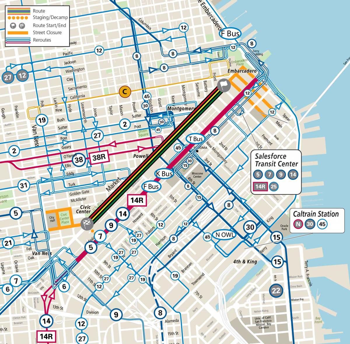 Map showing the various Muni reroutes for the Juneteenth Parade on Sat., June 10, 2023