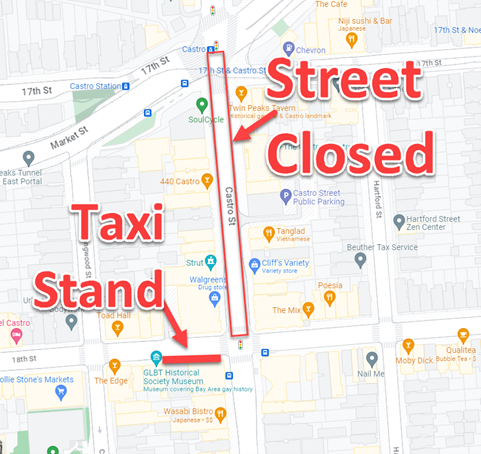 Map showing Castro Street closure and the temp taxi stand