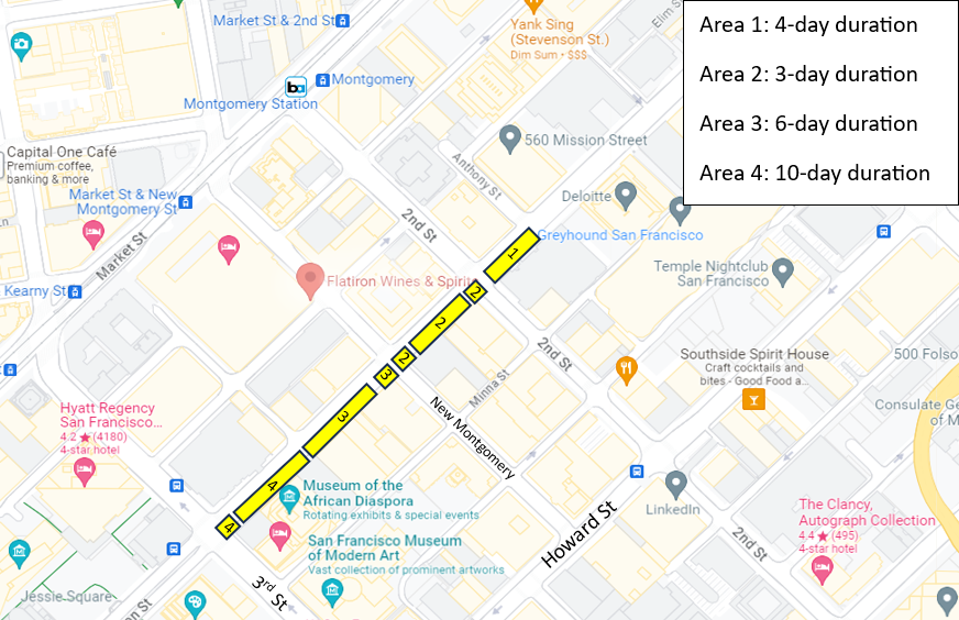 Map showing work zones on Mission. Area one is between Anthony and 2nd streets and is expected to last 4 days duration. Area Two is between 2nd and New Montogomery and has an expected 3 day duration. Area Three is between New Montgomery and Annie with an expected 6 day duration. Area Four is between Annie and 3rd streets with an expected 10 day duration.