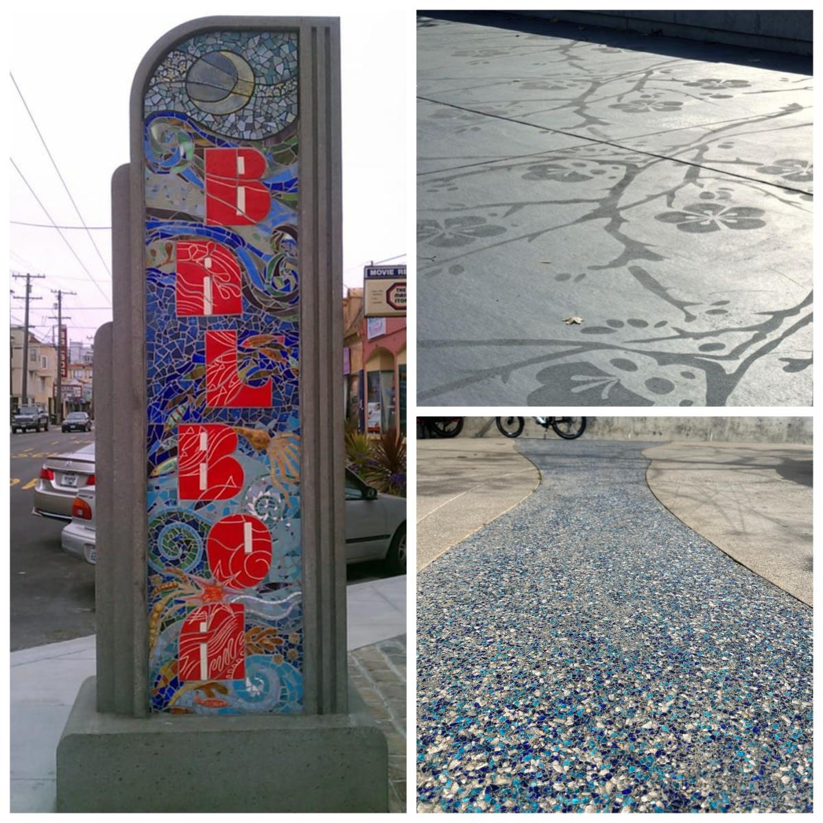 Left photo district marker; top right photo etched concrete; bottom right photo concrete with glass