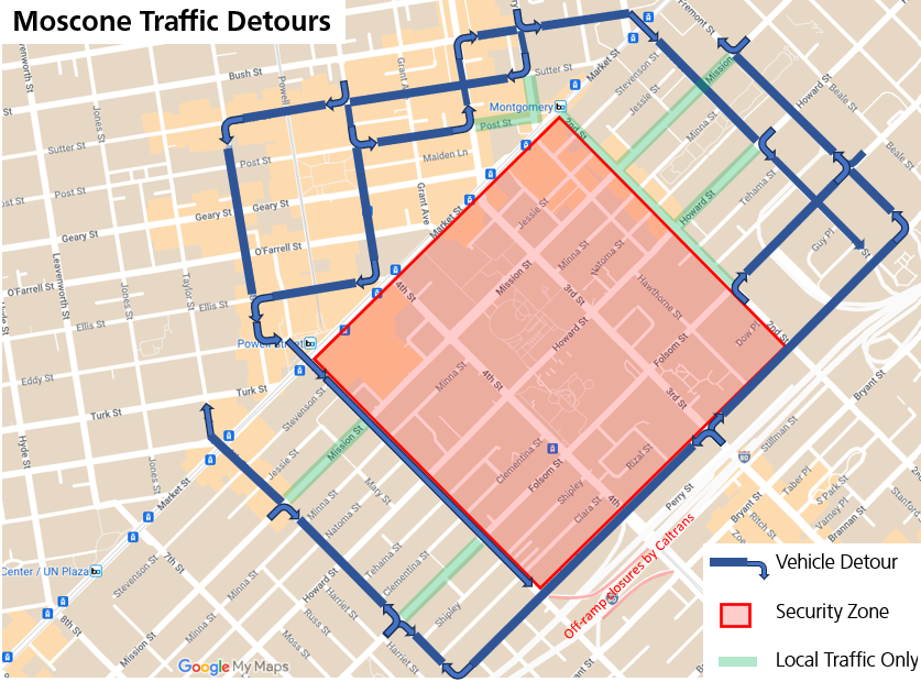 Map of the security zone boundary on Market Street to 2nd Street to Harrison to 5th Street and back up to Market Street. The security zone is bounded by Market, 2nd, Harrison and 5th streets. These listed streets which form the boundary of the security zone will remain open to the public.