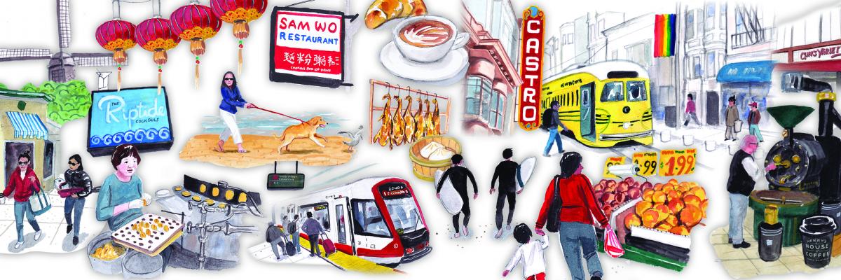Illustrations of various locations across City to shop, dine, explore. All from Muni.