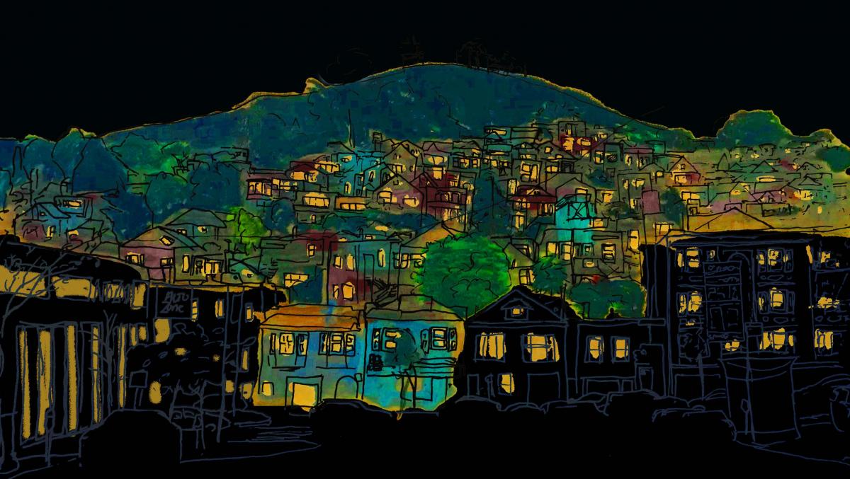 A tall hill rises in the background. Multicolored homes flow over the contours of the hill with warm hues of blue, green and maroon. Much darker homes are outlines in the foreground. 