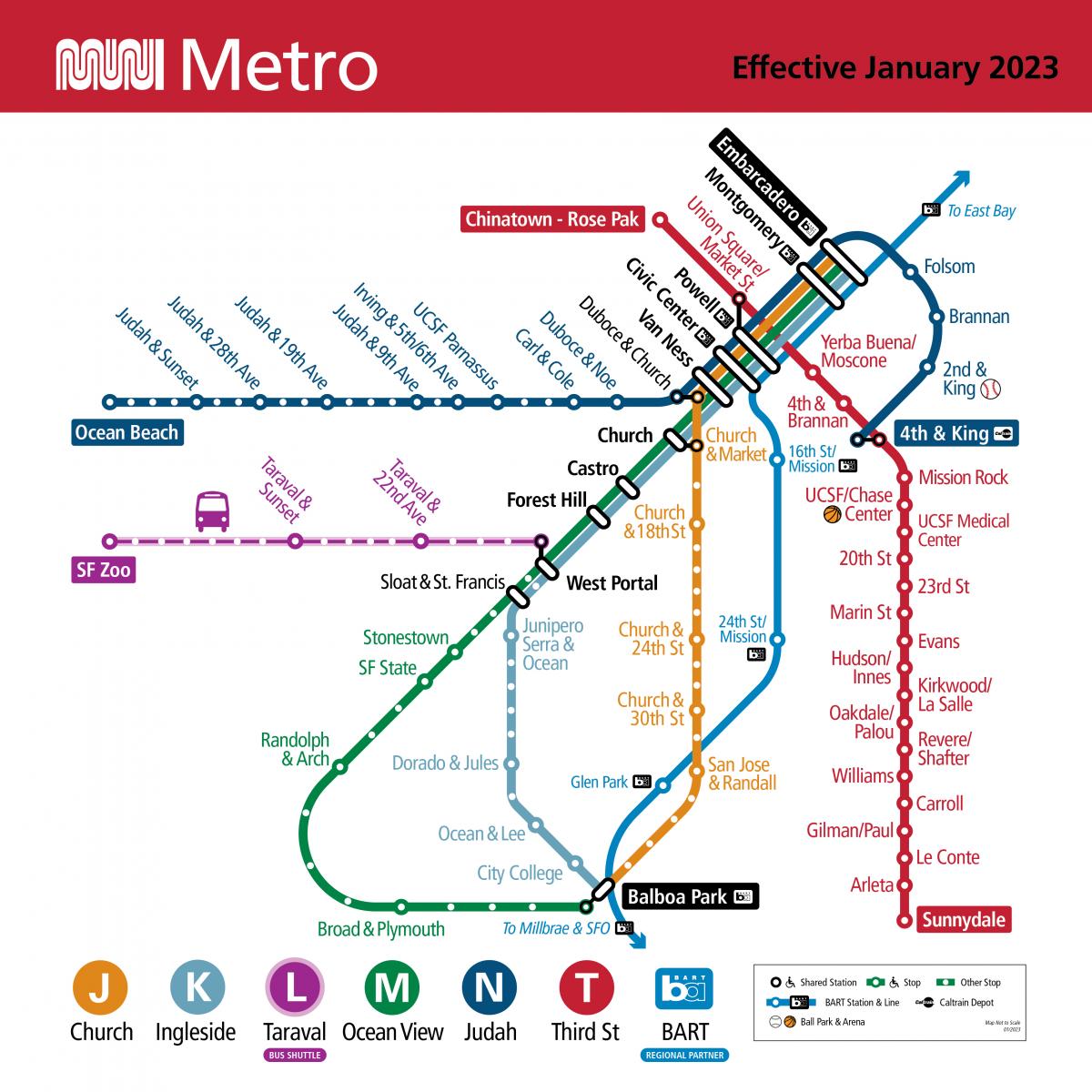 Muni Metro map effective January 7, 2023, showing the new T Third route connecting Chinatown-Rose Pak Station from 4th & King in Central Subway. Muni’s J Church, K Ingleside and M Ocean View turn around at Embarcadero Station; the N Judah continues along the Embarcadero to Embarcadero & Folsom, Embarcadero & Brannan and 2nd & King and onto 4th & King.