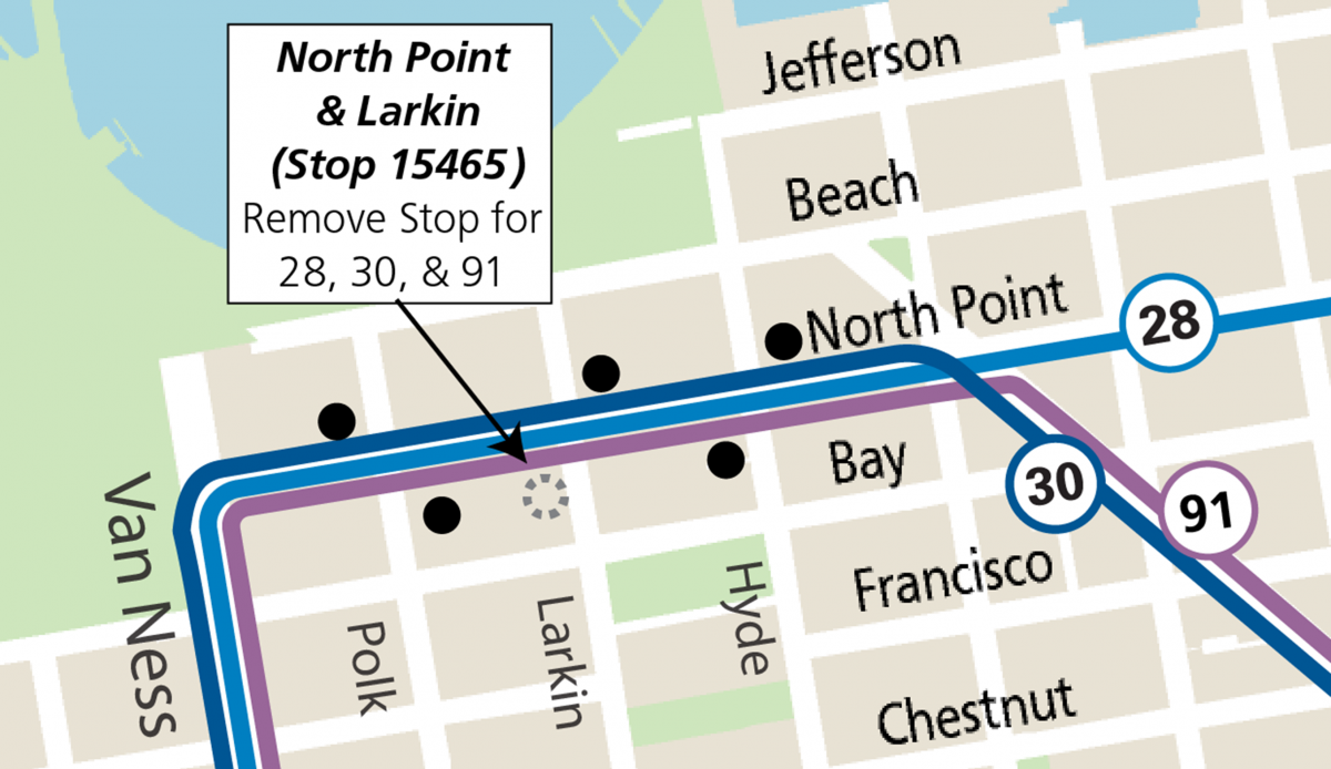 Map showing location of stop removed at North Point & Larkin, effective August 19, 2023