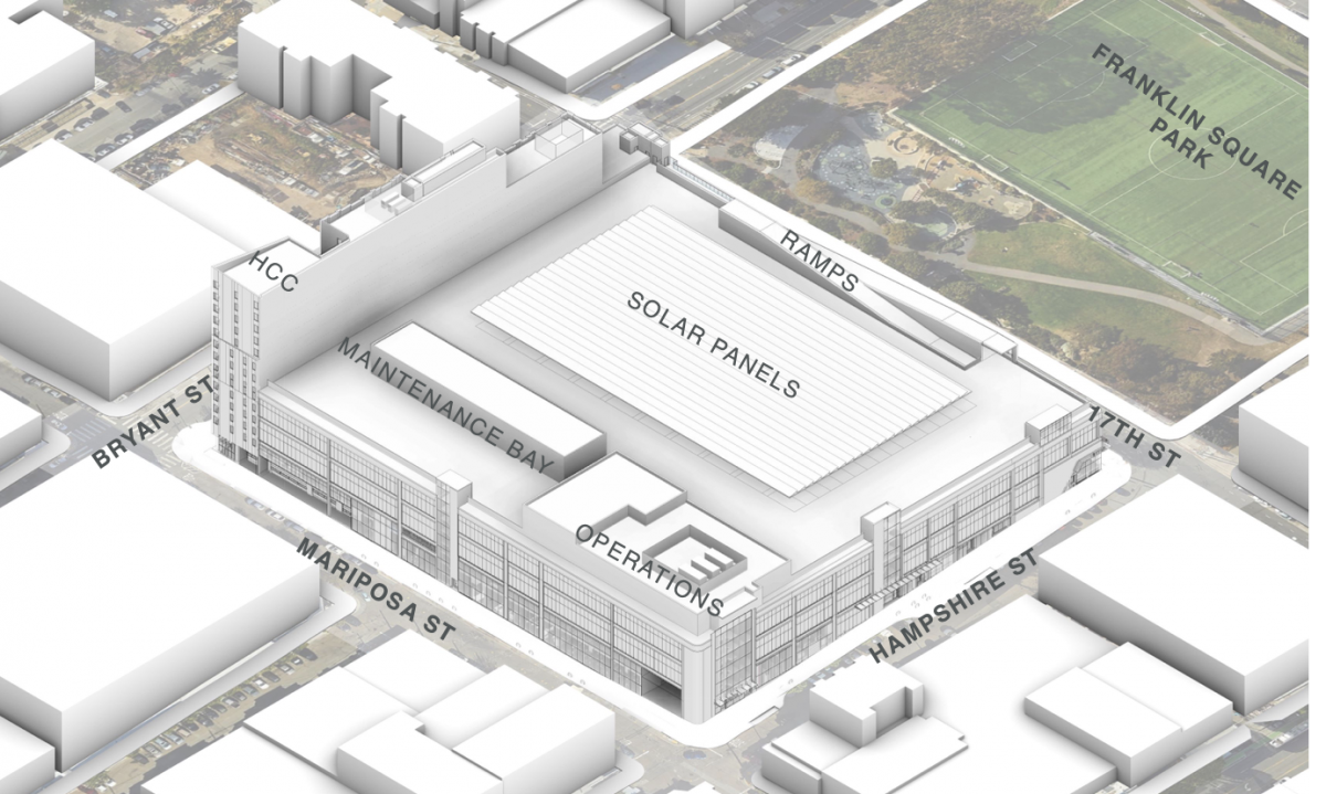 rendering of Paratransit Proposal building variation alternative for the Potrero Yard Project site