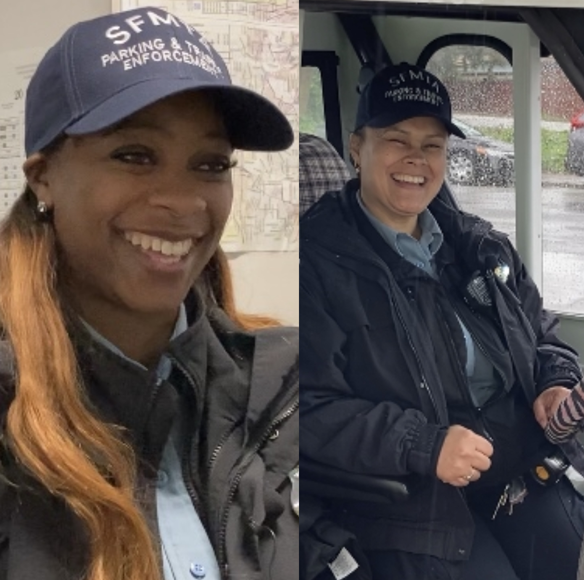 Two Parking Control Officers side by side smiling in an office setting and while sitting in a parking enforcement vehicle. 