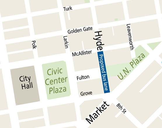 Map showing where the transit lanes are proposed to be installed on Hyde Street between McAllister and Market streets. 