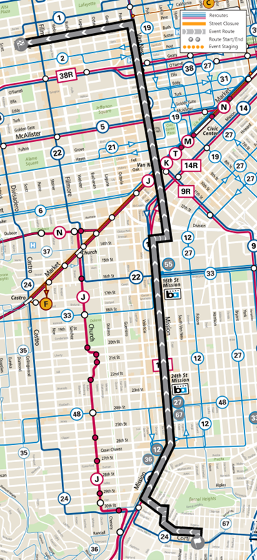 Map showing St. Jude Pilgrimage route and Muni reroutes