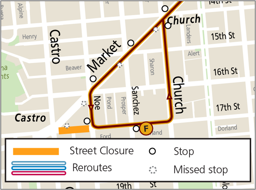 Event Service Map showing F Market & Wharves Line reroute