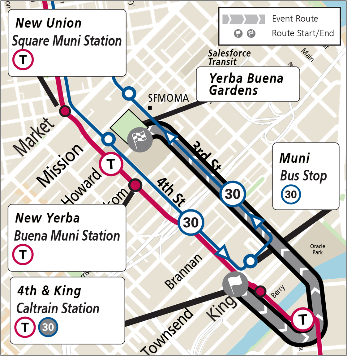Muni service map for MLK Day March in SoMa 2024