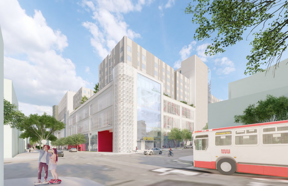  Image of an urban multi-use building, showing a Muni bus approaching a vehicle entrance and street activity