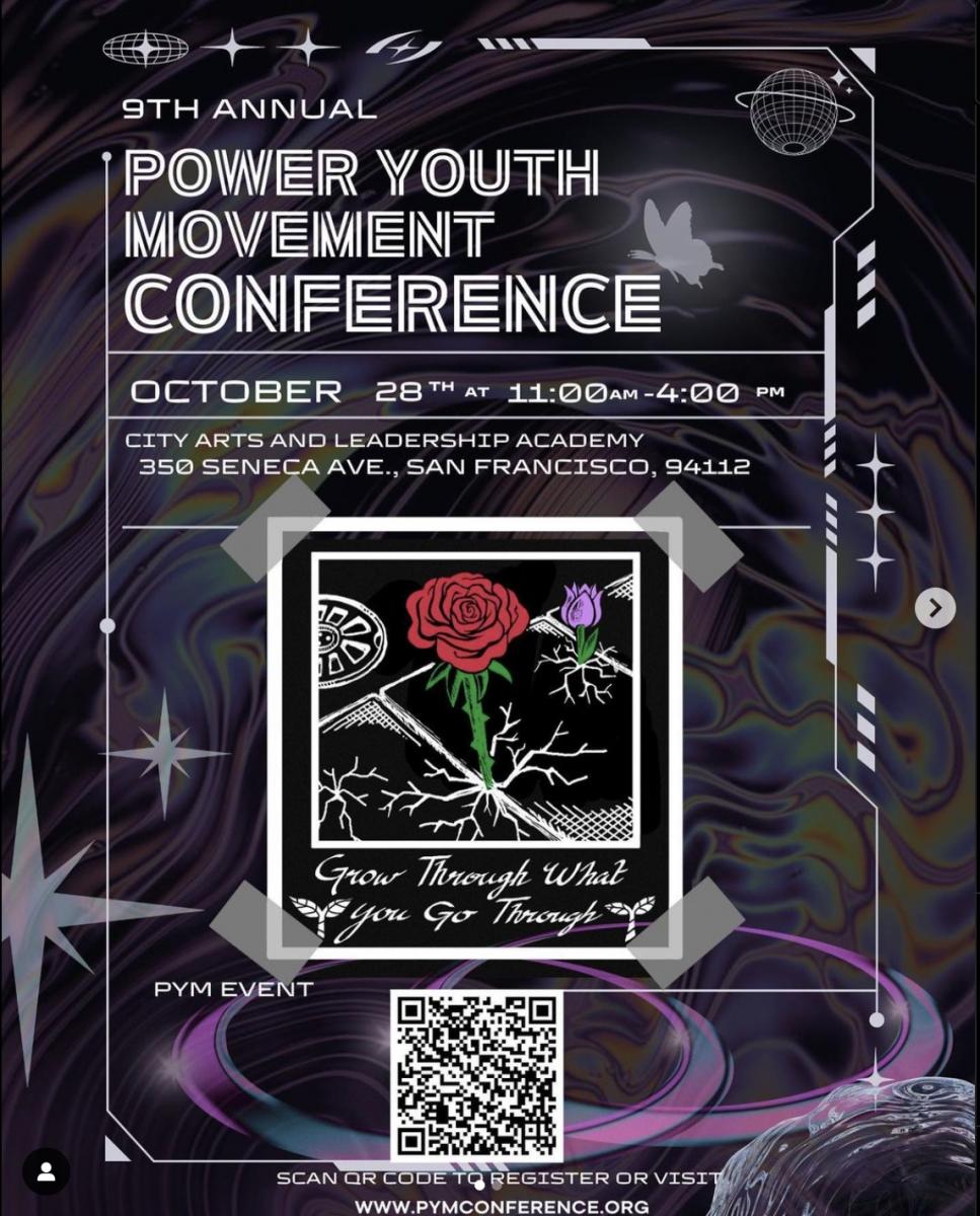 Flyer for the 9th Annual Power Youth Movement Conference. Flyer shows a rose growing through cracks in a sidewalk, with the words below "Grow Through What You Go Through".