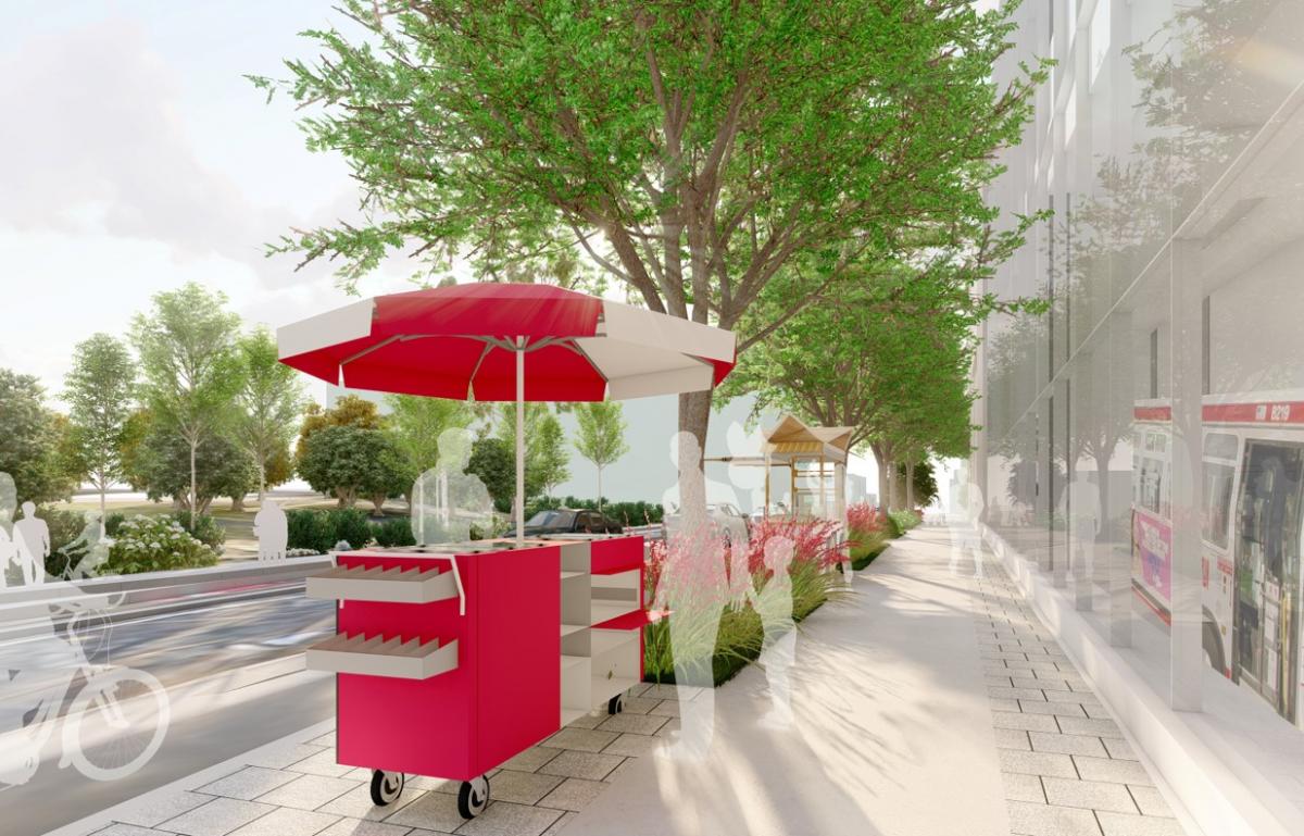 Illustration showing protected bike lane along 17th Street, and vendors using kiosk spaces along the sidewalk.