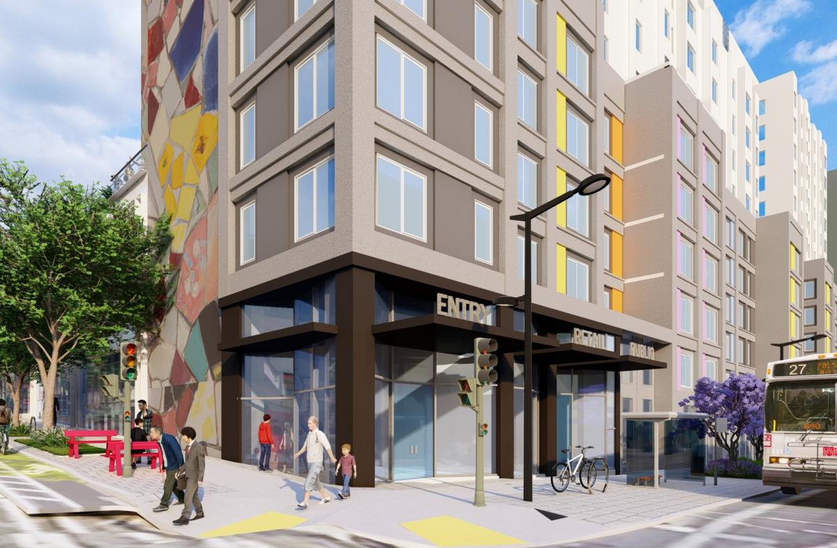 Rendering showing SFMTA entrance, public restroom and retail space at corner of 17th St. and Bryant St.
