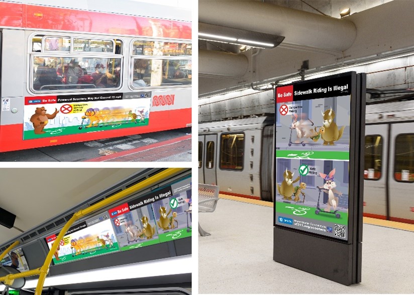 Three images showing the side of a bus, a station platform sign and a close up of a car car inside a bus.