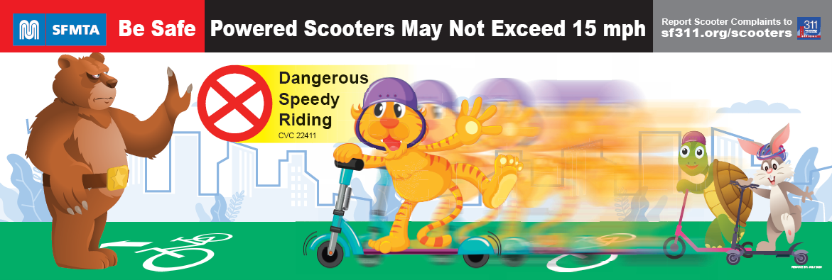 Animated image of a cat, turtle and rabbit on a scooter with a bear holding up their hand attempting to the stop the riders. 