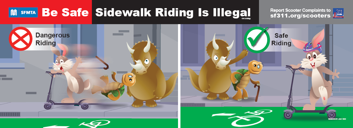 Animation images of cartoon animals riding a scooter. There are two images side by side. The left image shows a rabbit riding a scooter on the sidewalk with a turtle falling and a rhinoceros standing. The right image shows the same rabbit on a stationery scooter with the turtle and rhinoceros standing and smiling. 