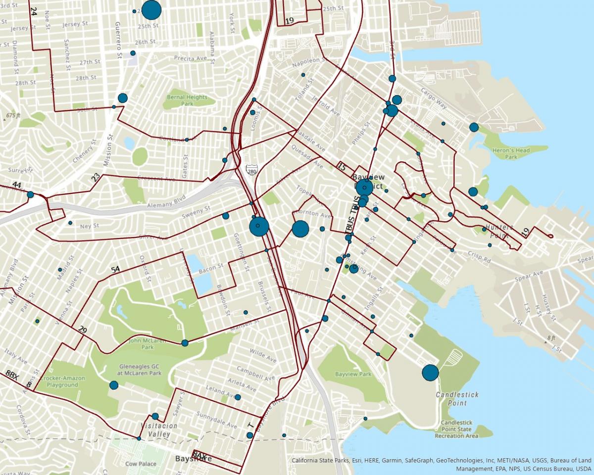 Map of the Bayview-Hunters Point neighborhood. The map shows circles representing survey responses that indicate a desired destination for the shuttle.