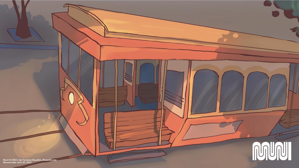 A Cable car glides up a hill in the fading light of late afternoon, its headlight shining on the tracks ahead