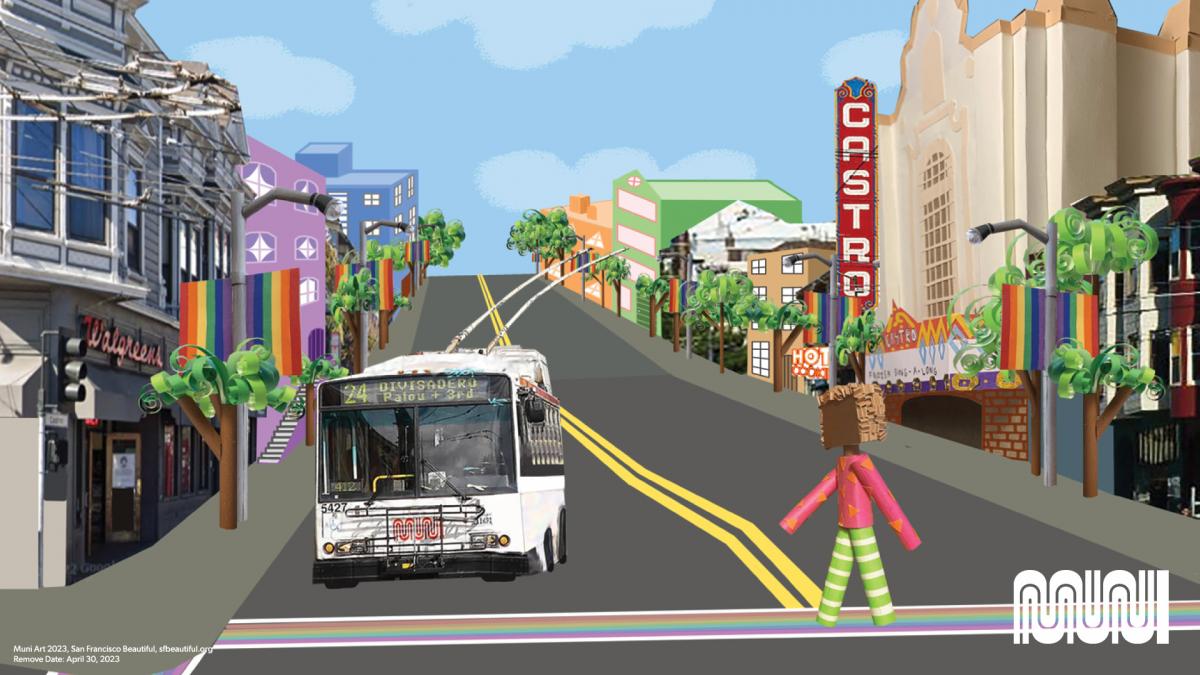 Digital Collage with a 24 Divisadero trolley bus across the street from the Castro Theater. A person made of paper walks across the street on a rainbow crosswalk.