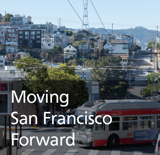 A picture of a San Francisco neighborhood with houses and trees lining the streets and a Muni bus making a turn.