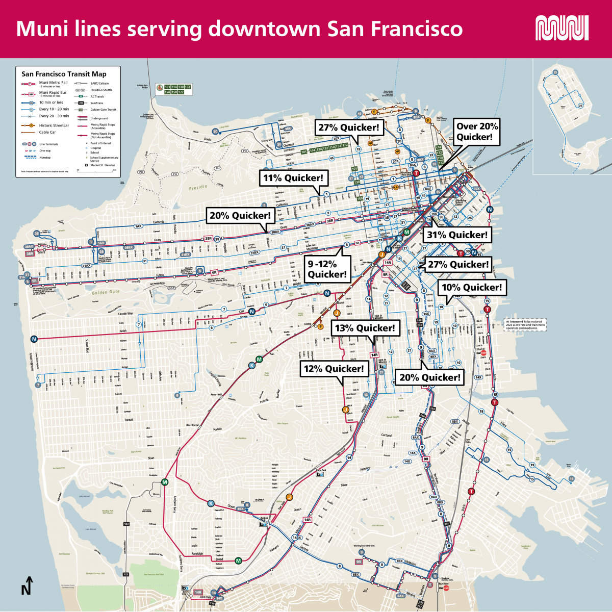 Map of Muni lines that go downtown including F Market Wharves, J Church, K Ingleside, M Ocean View, N Judah, T Third, 1 California, 2 Sutter, 5 Fulton/5R Fulton Rapid, 6 Haight/Parnassus, 7 Haight, 8 Bayshore, 8AX and 8BX Bayshore Expresses, 9 San Bruno/9R San Bruno Rapid, 12 Folsom/Pacific, 14 Mission/14R Mission Rapid, 15 Bayview Hunters Point Express, 19 Polk, 25 Treasure Island, 27 Bryant, 30 Stockton, 31 Balboa, 38 Geary/38R Geary Rapid and 45 Union/Stockton.