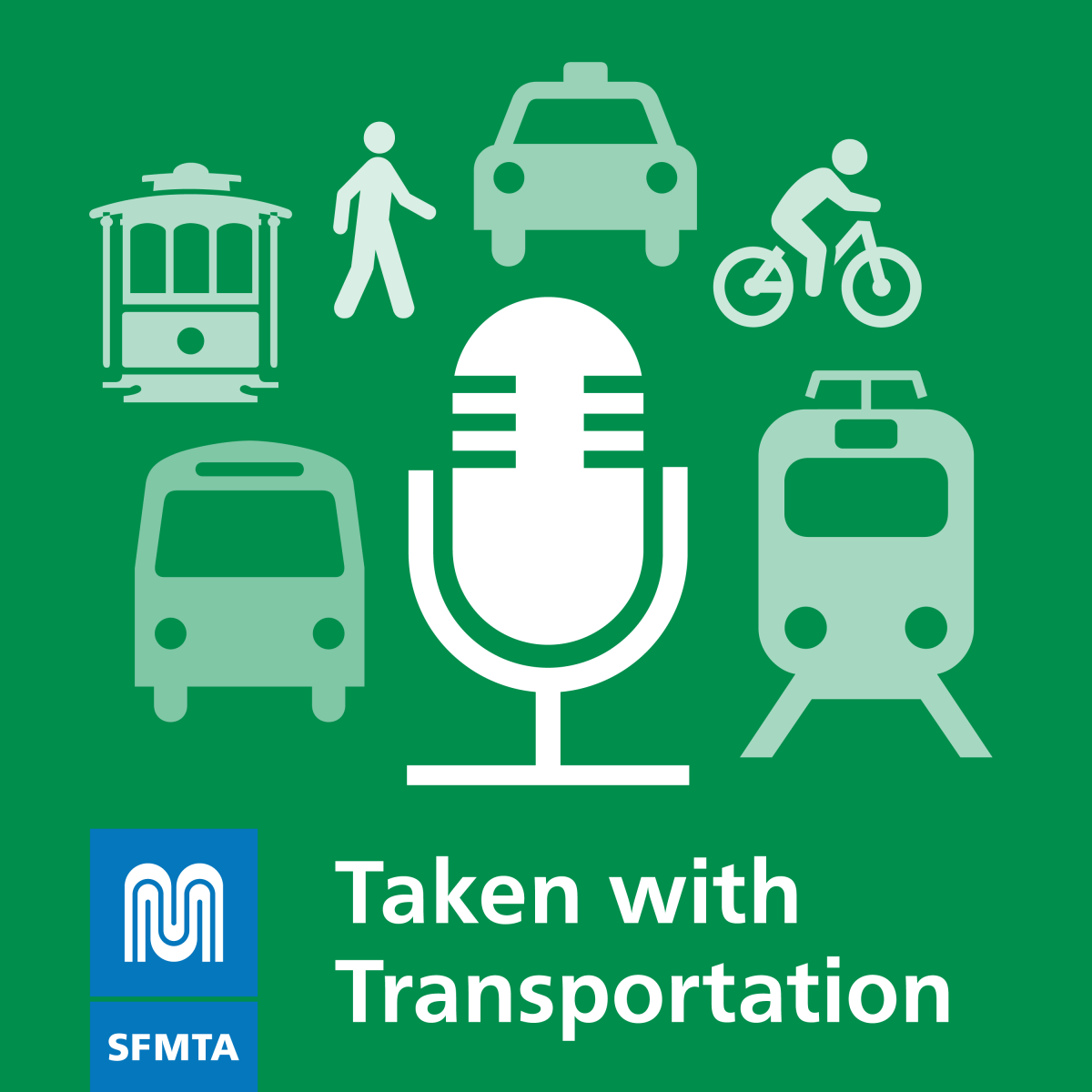 Microphone, vehicle and walker illustrations against a green background with SFMTA logo.