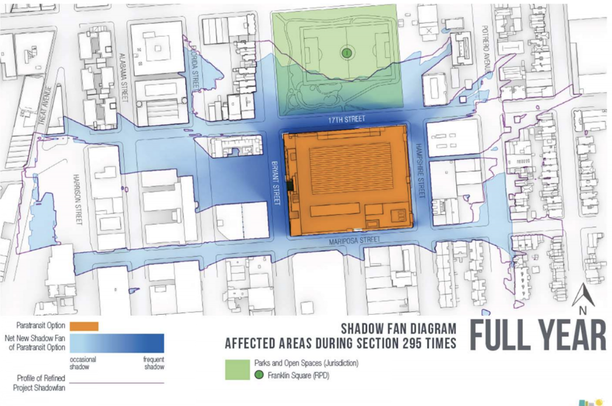 Diagram of affected shadow area in the Refined Project Variant (Paratransit) option shown in orange. Blue Illustrates Proposed Project net shadow impact from spectrum of occasional shadow to frequent.