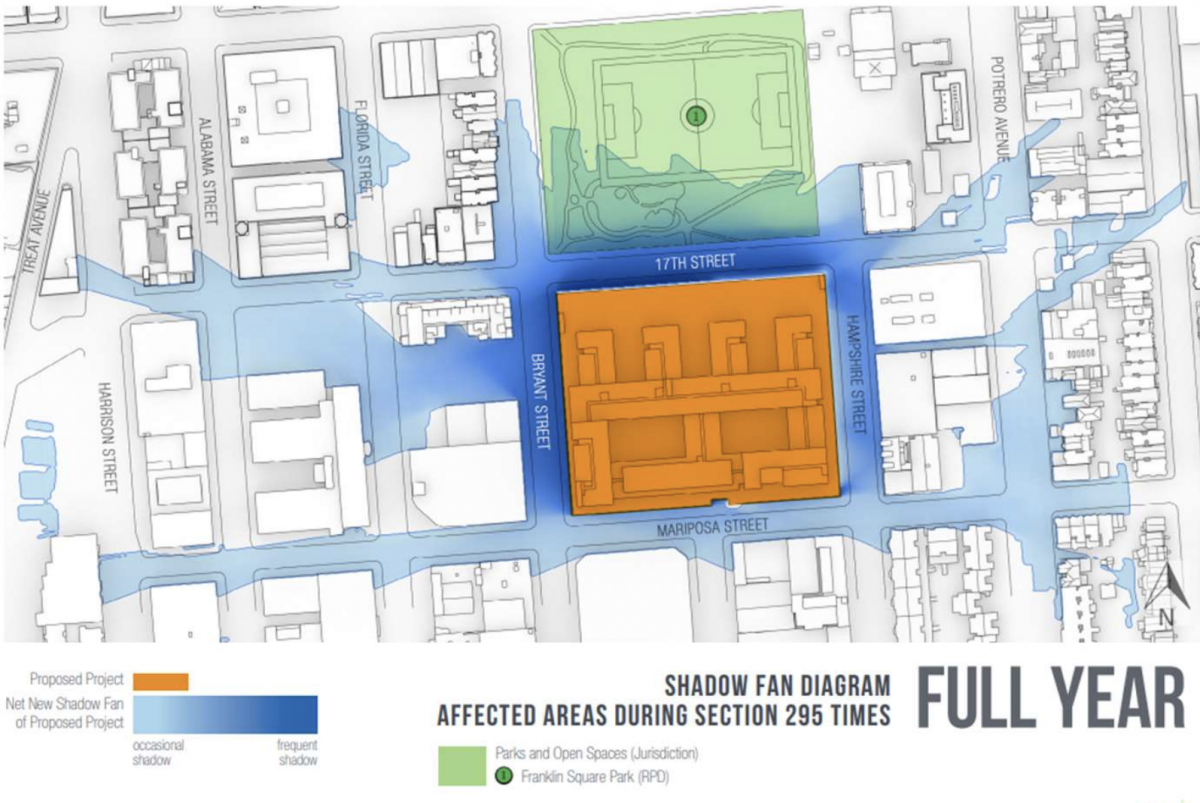 Diagram of affected shadow area in proposed project option shown in orange. Blue Illustrates Proposed Project net shadow impact from spectrum of occasional shadow to frequent.