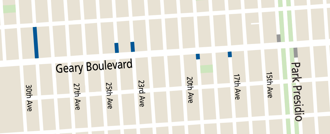 Map showing proposed cross streets where additional parking could be added by converting parallel parking to angled parking. 17th Ave, south of Geary (one-sixth of block) 19th Ave, south of Geary (one-sixth of block) 23rd Ave, north of Geary (one-third of block) 24th Ave, north of Geary (one-third of block) 29th Ave, north of Geary (whole block) 
