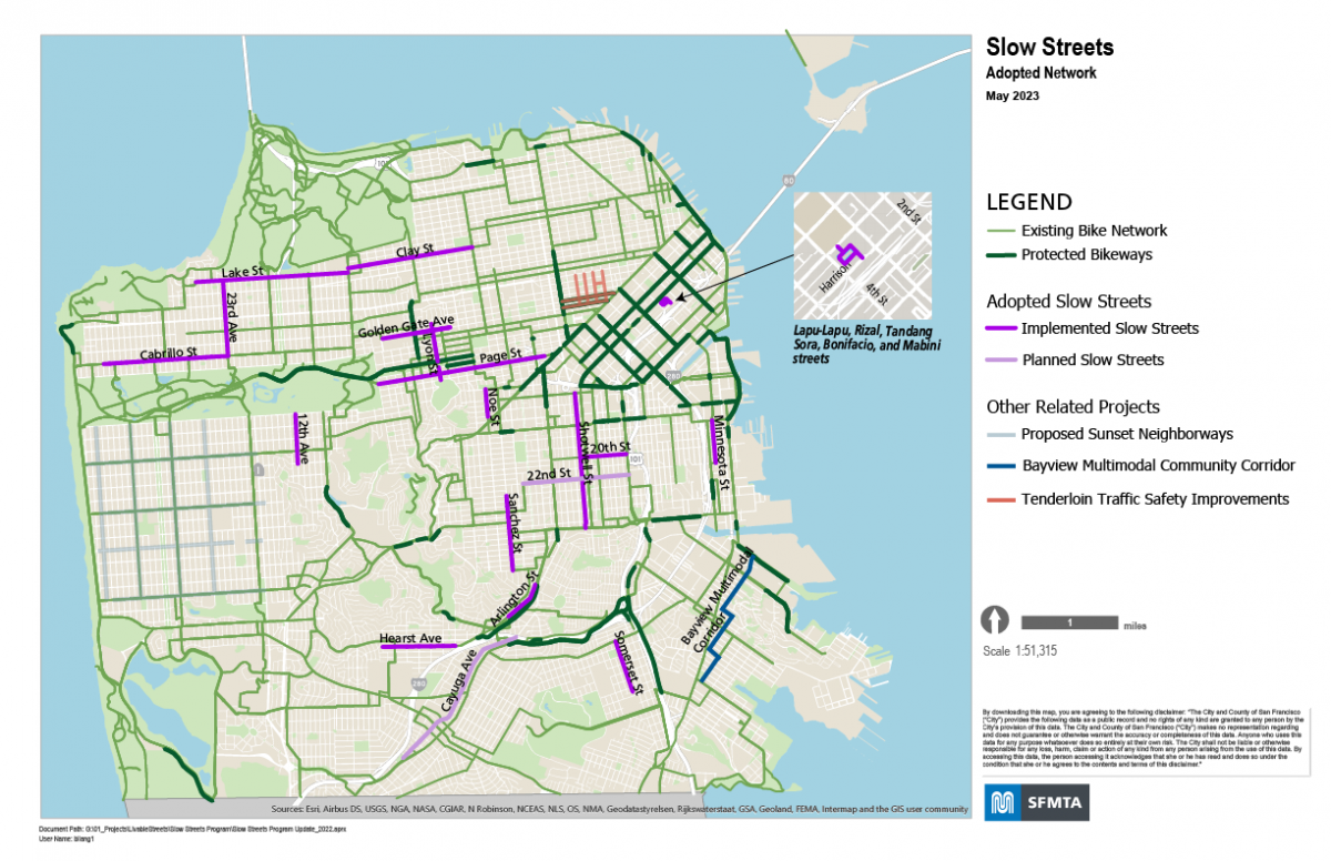 A map showing the 19 corridors approved for inclusion in the Slow Streets program, which are listed below this image.