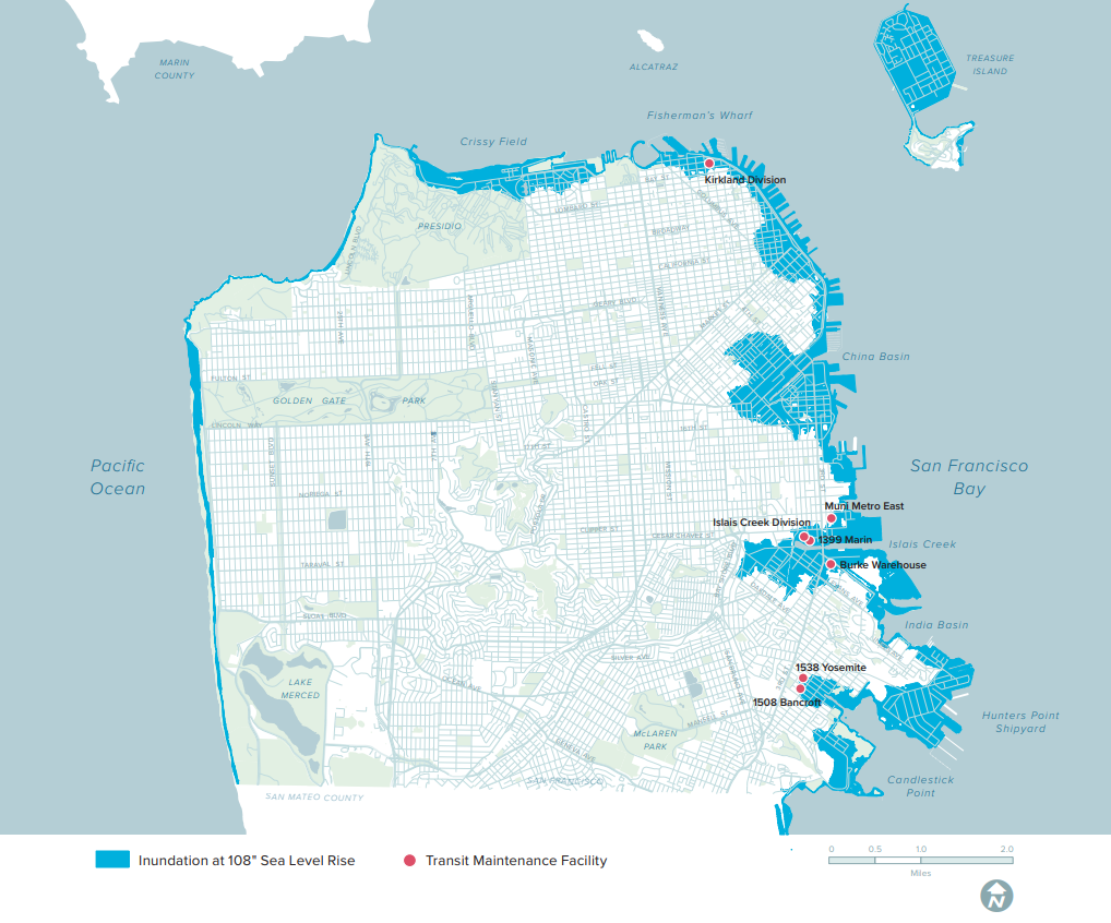 map of san francisco, showing the sea level rise vulnerability zone which is primarily in the northern and eastern edges of the City's waterfront overlapped with several of the transit facilities mentioned above.