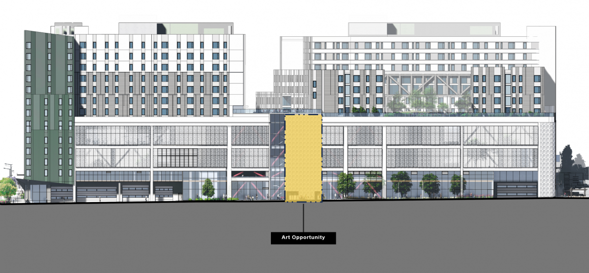 elevation diagram of a multi-story, multi-use urban building highlight broad segments of the façade along Mariposa Street indicating the placement of art installations.