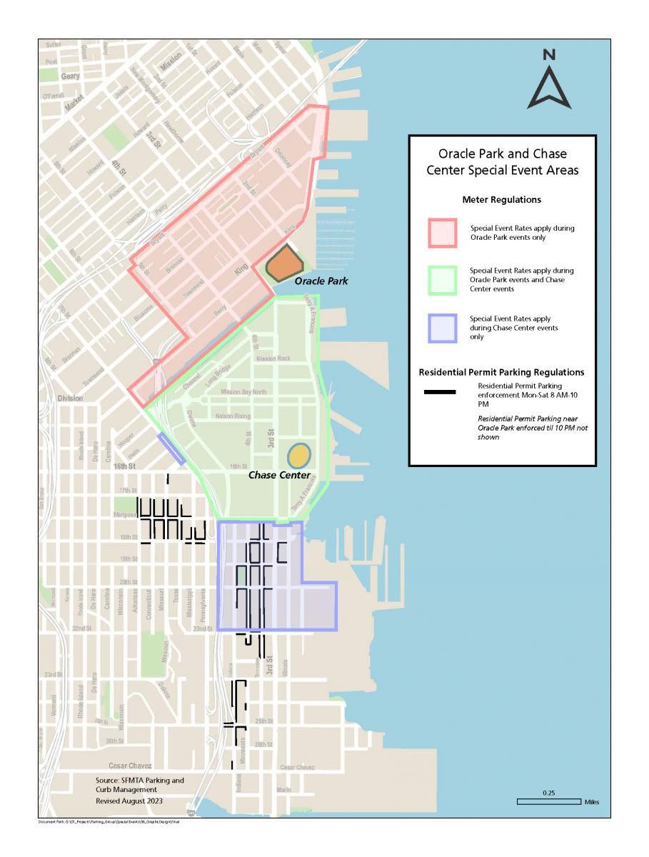 Oracle Park and Chase Center Special Event Areas Meter regulations; Special event rates apply during Oracle Park events only in area bounded by King, The Embarcadero, Bryant, 5th, Berry, China Basin, 3rd. Special event rates apply during Oracle Park or Chase Center events in area bounded by China Basin, Terry A Francois, Mariposa, and 7th. Special event rates apply during Chase Center events only in two areas; first, bounded by 7th, 16th, Carolina, and Channel, plus 16th Street west to Vermont; second, bounded by Mariposa, I-280, 22nd St, and the east extents of all streets in this area. Residential permit parking regulations: Residential permit parking enforcement Monday to Saturday, 8 am to 10 pm in areas X and EE, in the area south of 17th and north of 18th between Pennsylvania and Arkansas and the area east of Indiana and west of Illinois between Mariposa and 22nd, as well as Indiana and Minnesota between 23rd and Cesar Chavez.