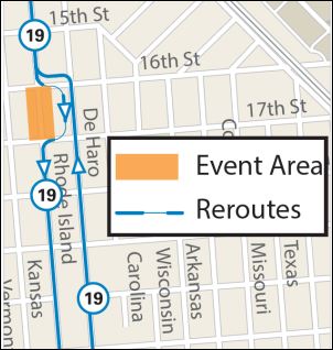 Map showing the 19 Polk reroute and street closures related to the Roadworks Steamroller Printing Festival, 2023