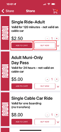 MuniMobile Store with Single Ride-Adult selected. Highlights on "add to cart" and "buy now"