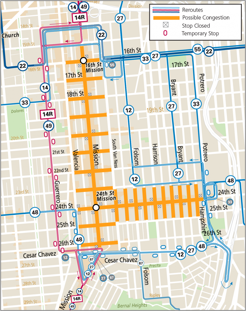 Map showing Muni service reroutes in the Mission District for Super Bowl 58
