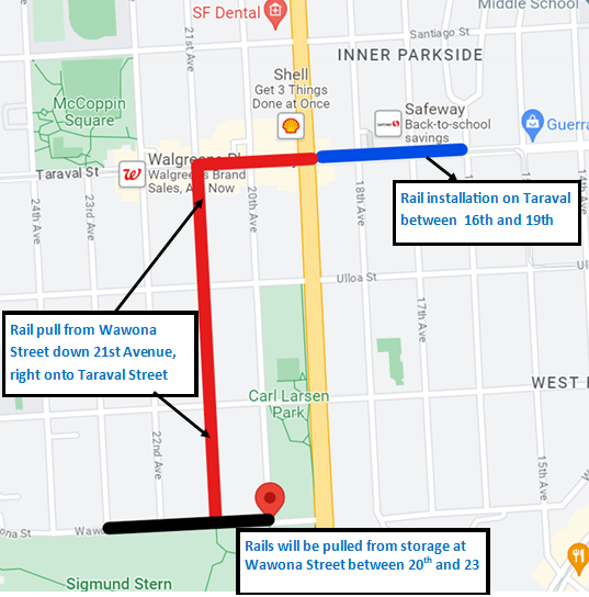 A map of where the rail pull and installation will occur.